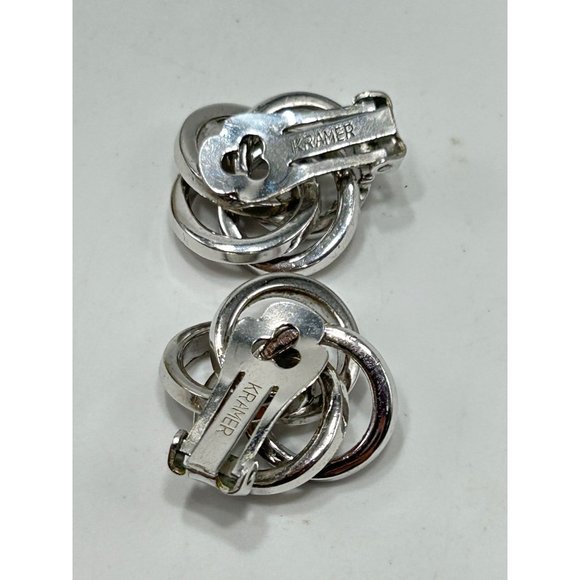 Signed KRAMER Clip On Earrings Silver Tone & Pink Rhinestones Love Knot Circles - Picture 7 of 8
